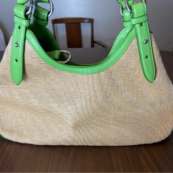 Cole Haan Straw Hobo Tote Kiwi Green Leather Summer Coastal Beach Bag - Picture 11 of 12